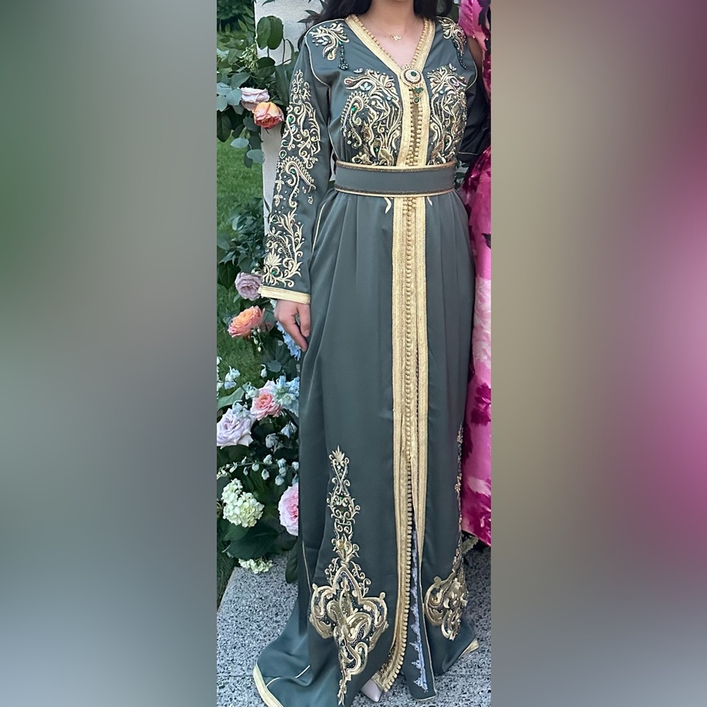 Sage Green Moroccan Caftan – Italian Crepe, Gold Embroidery